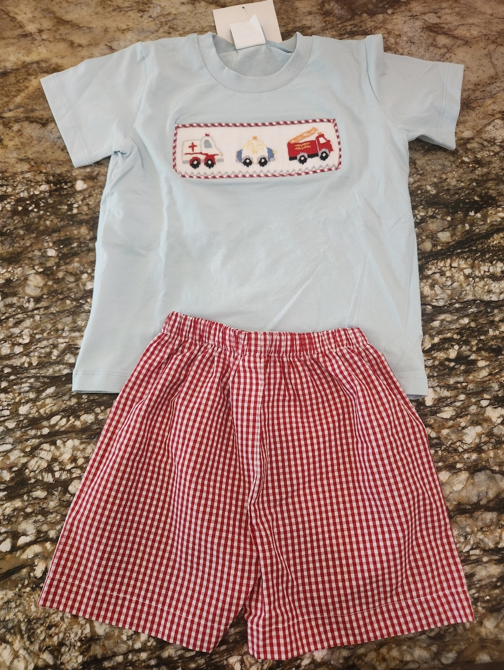 Light Blue Kids Set with Red Gingham Shorts